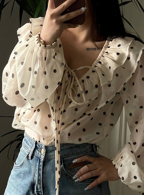 Ruffle V-neck polka dot top法式荷叶边V领波点上衣系带长袖衬衫