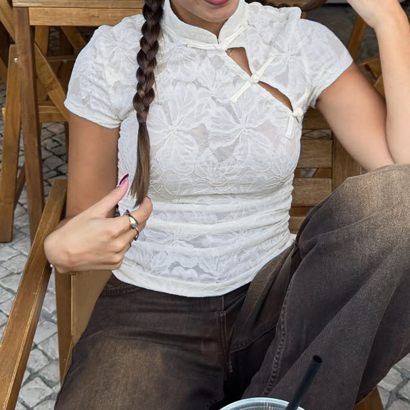 Sexy retro T-shirt for women 新中式镂空拼接蕾丝立领上衣T恤女