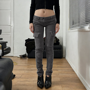 Ladies' slim fit small leg jeans低腰口袋复古修身小脚牛仔裤女