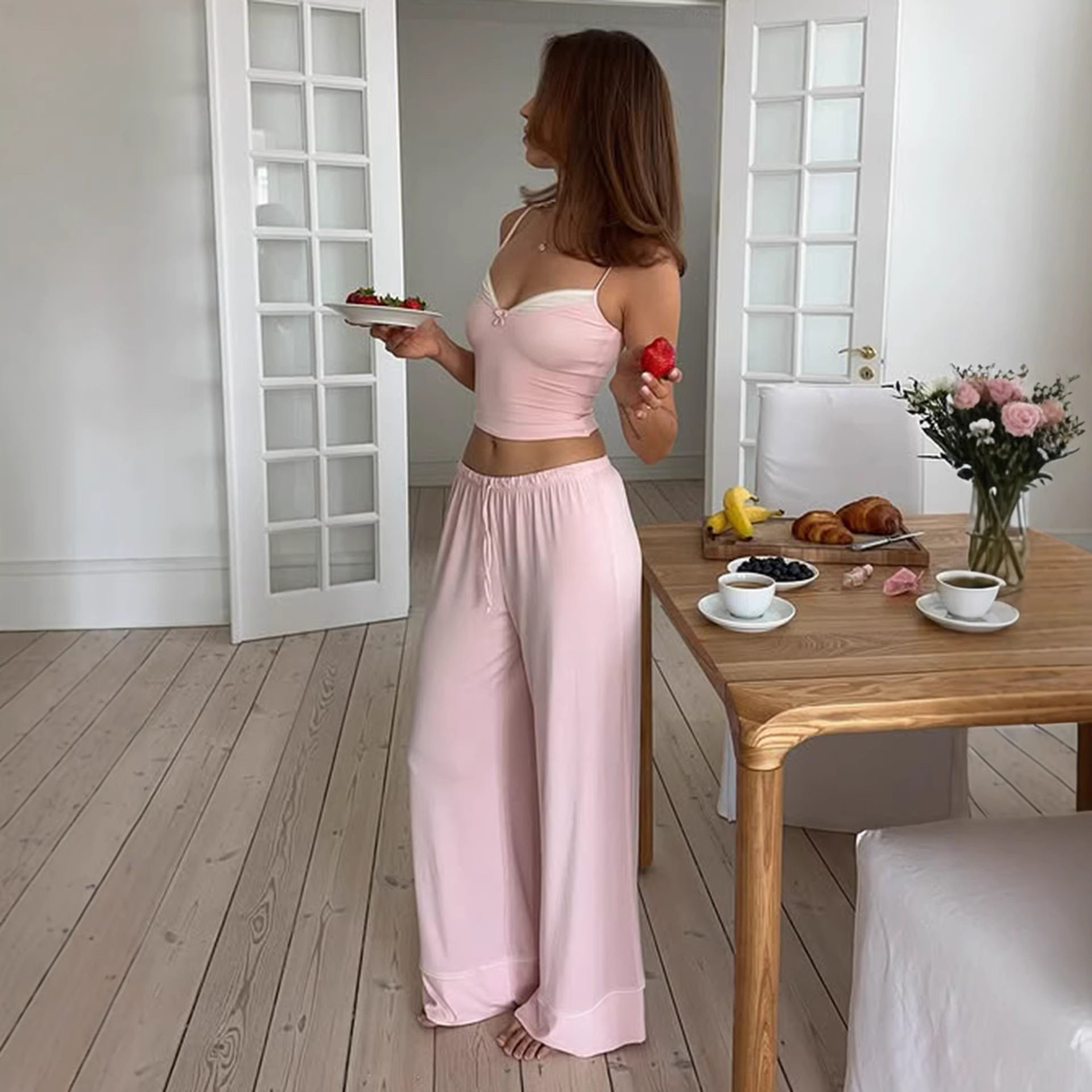 Women's home suit set 女士家居服吊带上衣松紧腰长裤睡衣两件套,女装/女士精品,休闲运动套装,淘宝优惠券,粉丝福利购,淘宝优惠卷