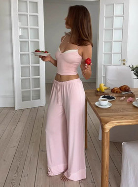 Women's home suit set 女士家居服吊带上衣松紧腰长裤睡衣两件套