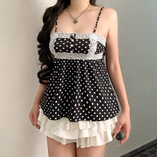 camisole dot vest纯欲风波点印花蕾丝拼接吊带背心女 polka Sexy