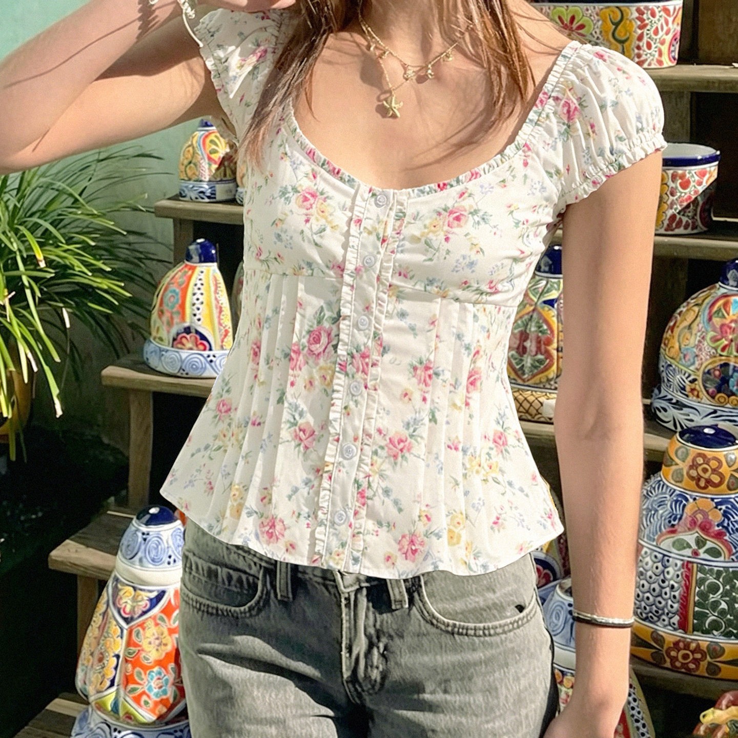 Bubble sleeve waist cinching shirt甜美风泡泡袖打揽上衣女衬衫