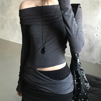 One shoulder sexy base shirt 纯欲辣妹褶皱露腰一字肩长袖T恤女