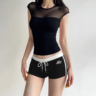 Sexy Perspective Mesh T-shirt性感风透视网纱拼接短袖女紧身T恤