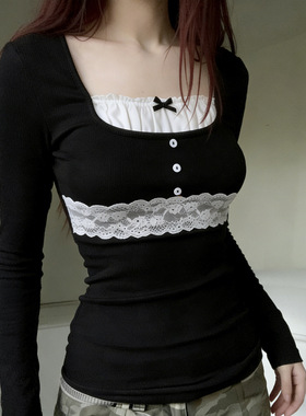Square collar lace patchwork T-shirt 甜美方领蕾丝拼接长袖T恤
