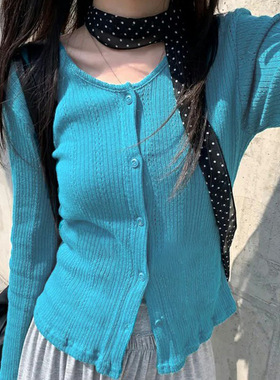 Sweet girl blue woolen cardigan 甜美少女外搭蓝色毛织开衫上衣