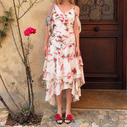 French printed mesh dress 法式田园风印花连衣裙浪漫性感吊带裙