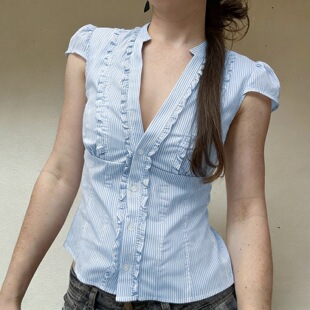 striped 木耳边V领蓝色衬衫 blue 条纹短袖 女上衣 shirt夏季 Summer
