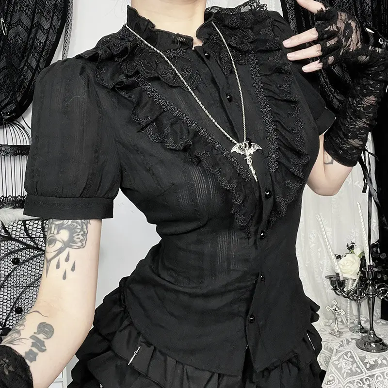 Gothic Lolita shirt哥特洛丽塔衬衫辣妹黑色短袖暗黑风休闲T恤女