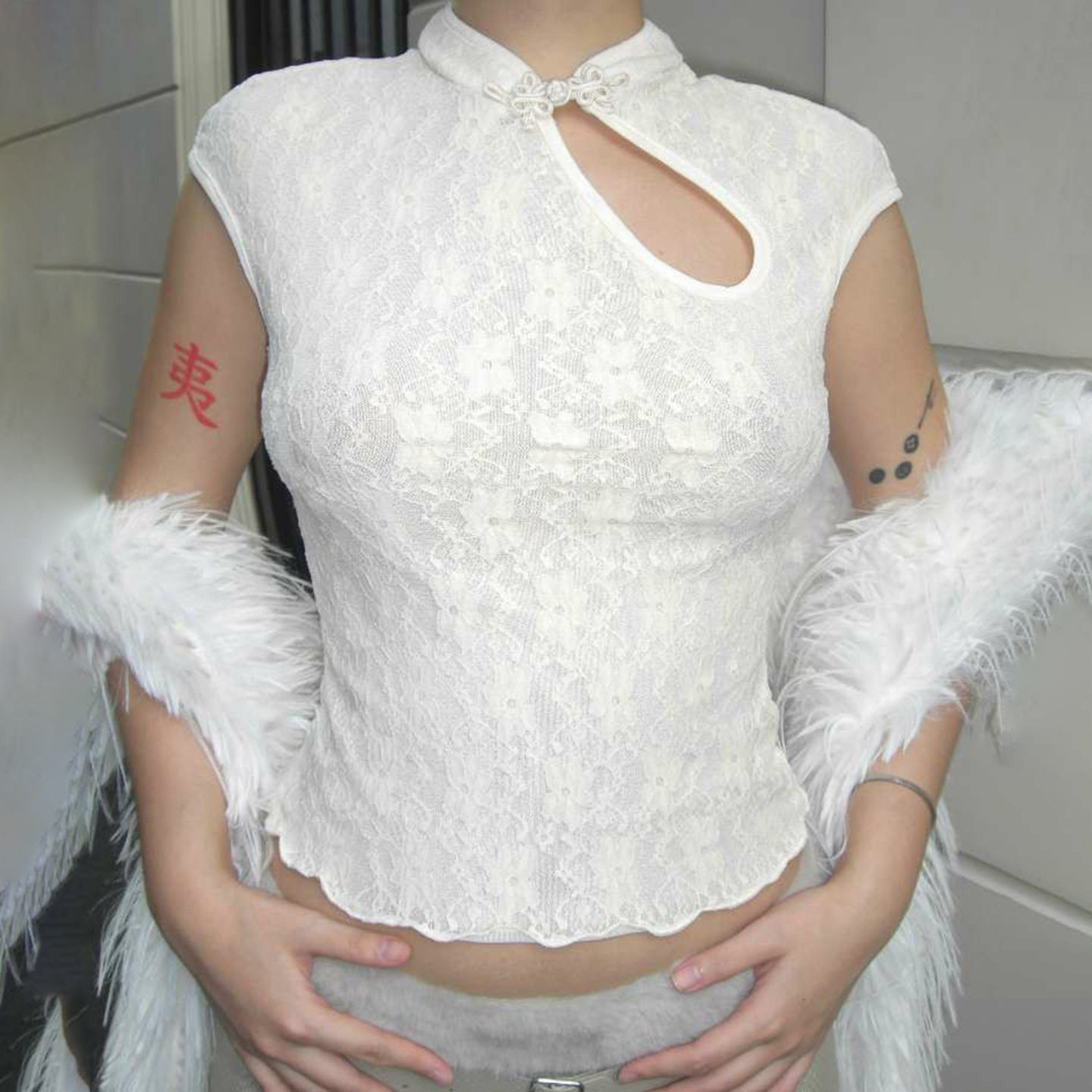 Sexy hollowed out T-shirt纯欲风旗袍镂空立领短袖T恤蕾丝上衣女