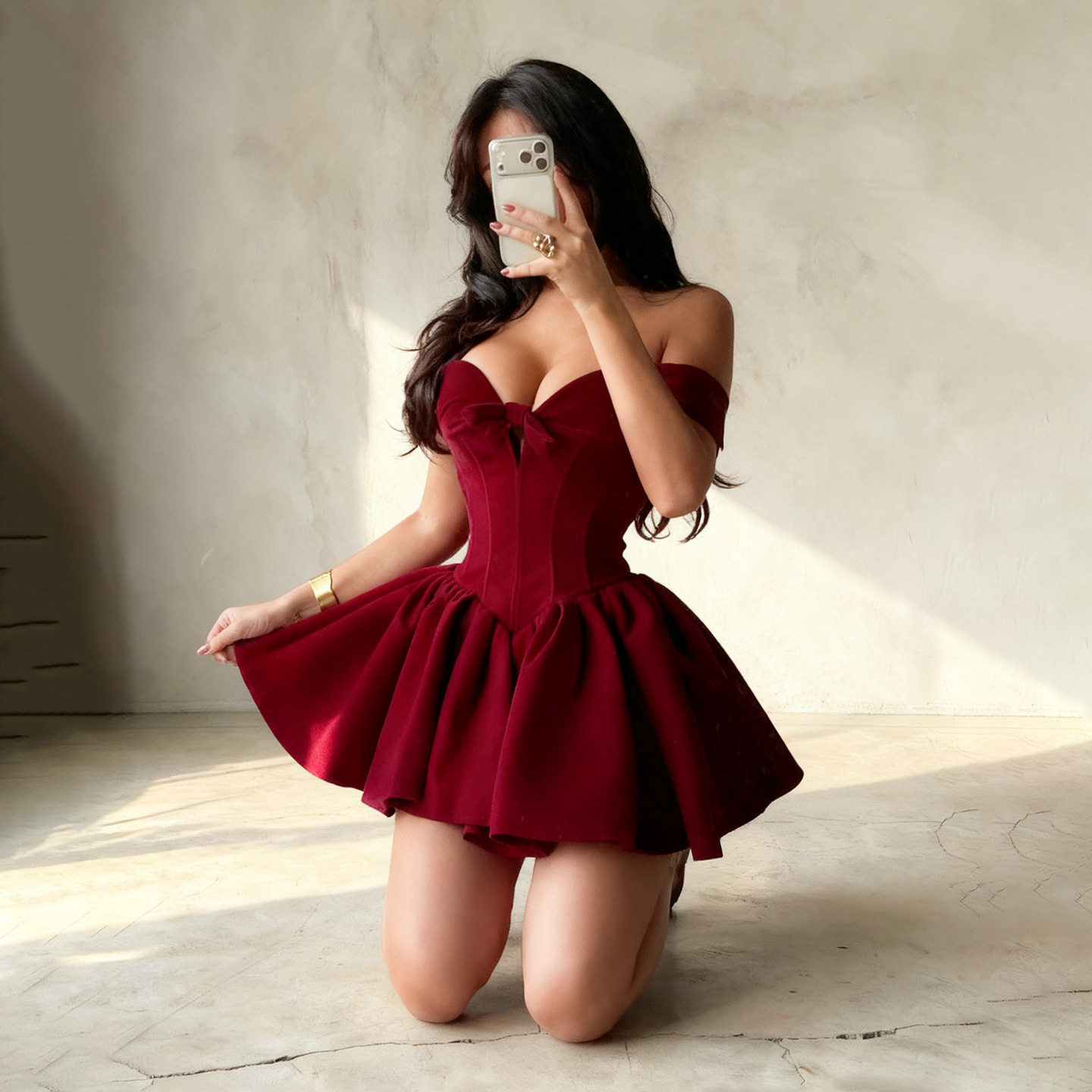 French waist cinched red dress 法式丝绒宫廷束腰A摆伞裙连衣裙