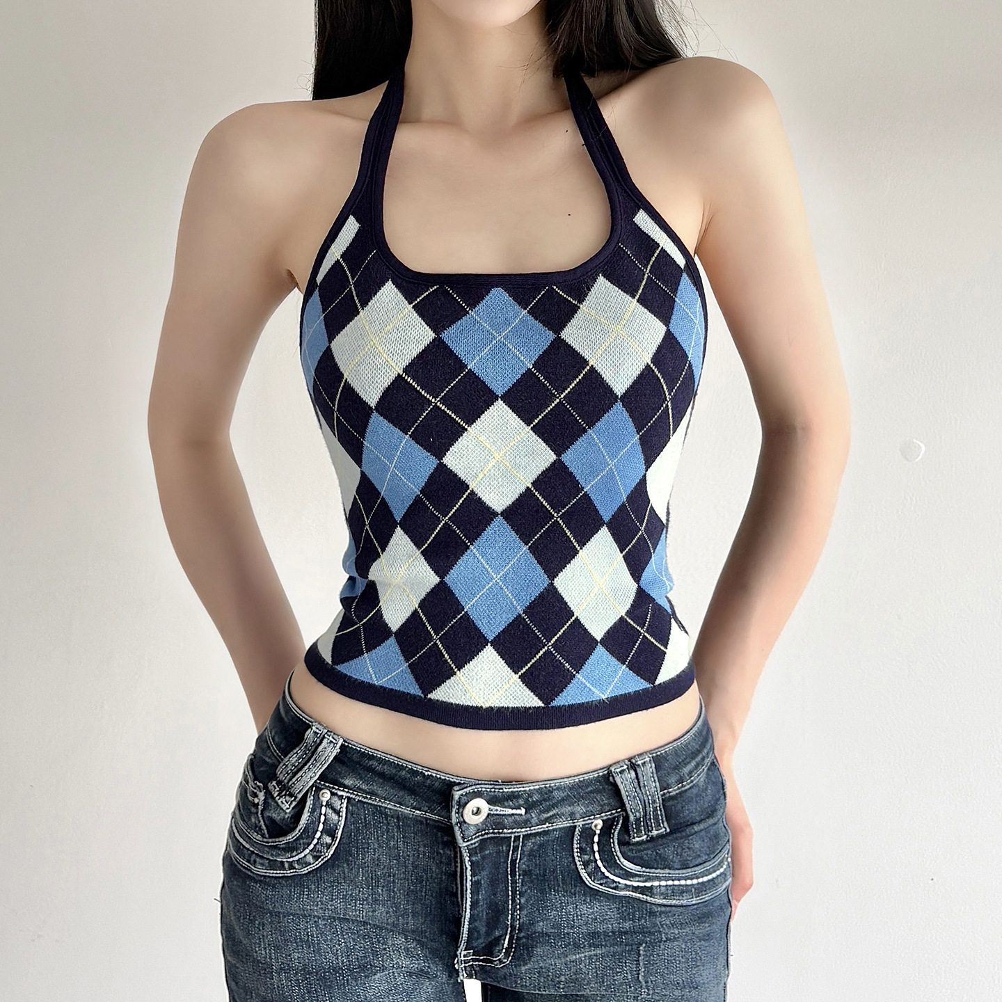 Spicy girl woolen neck tie vest 性感辣妹菱格毛织挂脖系带背心