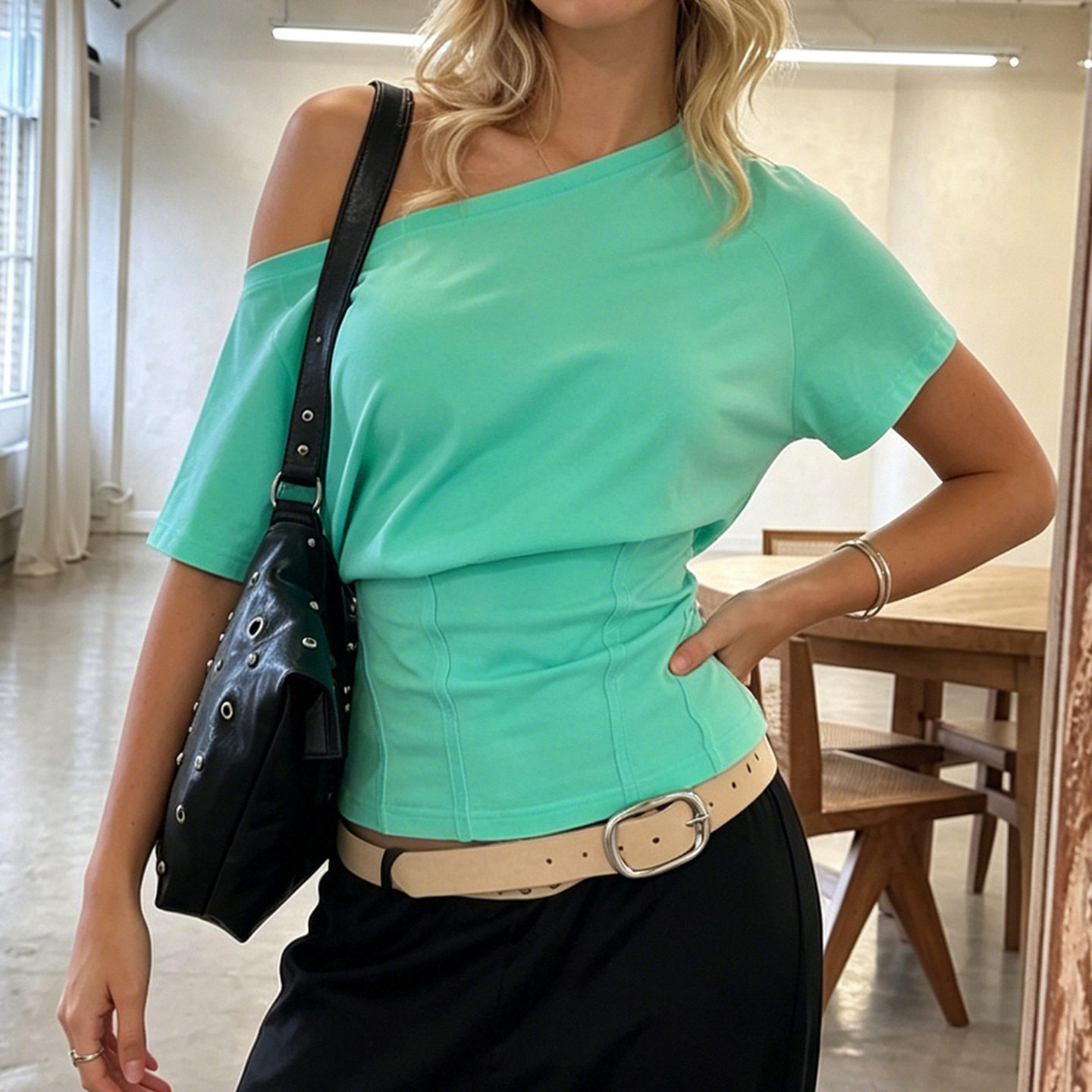 Summer off shoulder T-shirt美式束腰短袖上衣夏日清新露肩T恤女