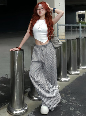 Spicy girl loose striped pants辣妹风休闲宽松条纹长裤女阔腿裤