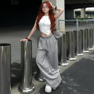 Spicy girl loose striped pants辣妹风休闲宽松条纹长裤女阔腿裤