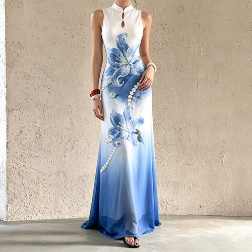 Blue standing collar cheongsam dress新中式镂空立领旗袍连衣裙