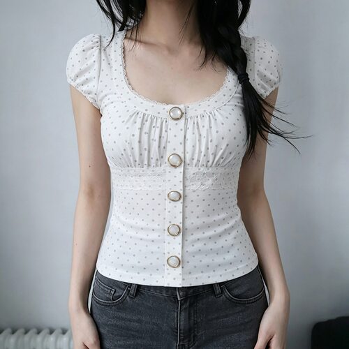 Sweet Wind Bubble Sleeve T-shirt 甜美风波点方领泡泡袖T恤女