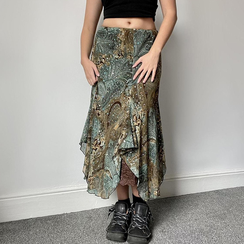 Retro double-layer patchwork skirt复古不规则双层拼接半身长裙