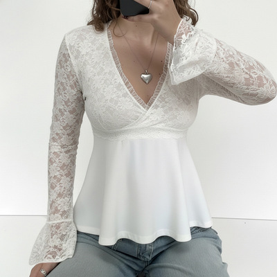 Sexy woman's white T-shirt 性感女人风交叉蕾丝拼接白色长袖T恤