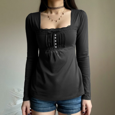 French button tied T-shirt 法式修身显瘦T恤女蕾丝打褶长袖上衣