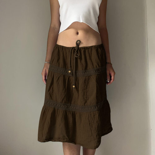 Elastic waist retro skirt 松紧腰蛋糕裙蕾丝复古系带梭织半身裙