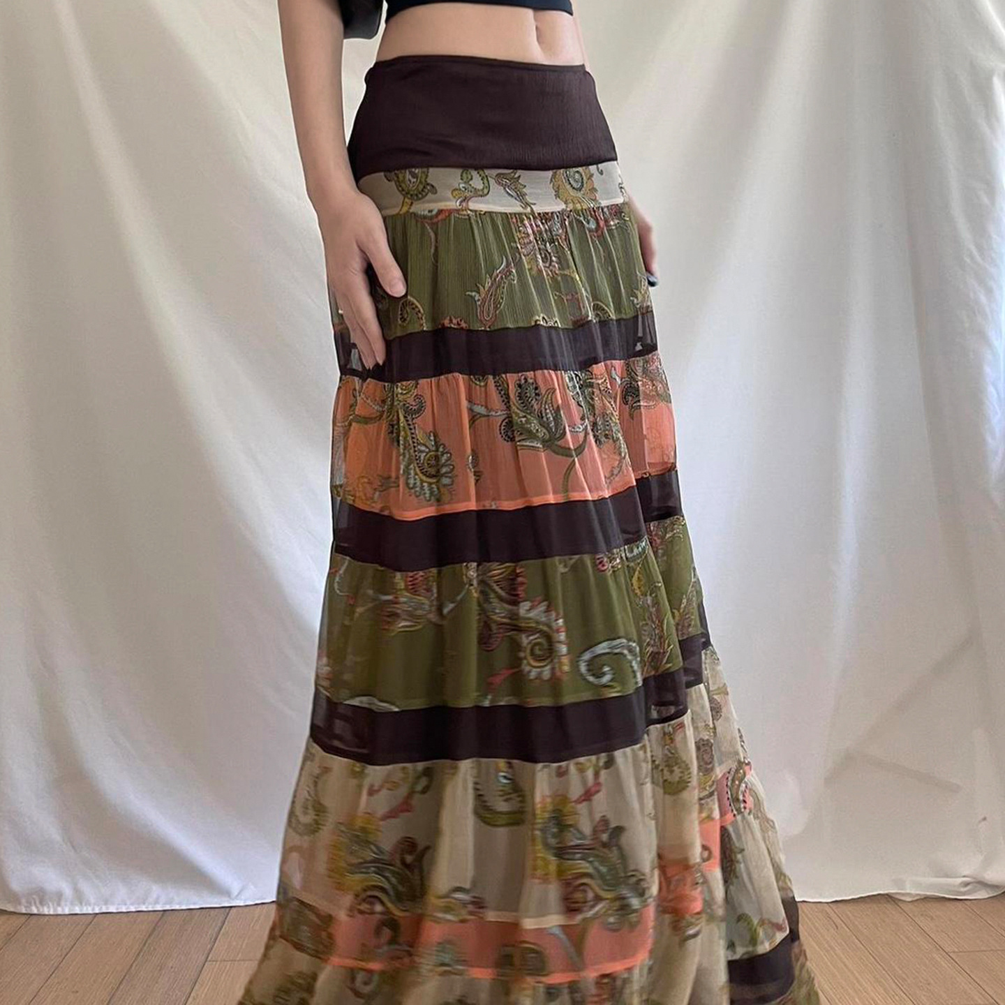 Mesh splicing long lace skirt 复古风印花网纱拼接裙长款大摆裙