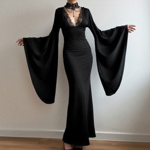 Gothic style flared sleeve dress哥特风大喇叭袖连衣裙露背长款