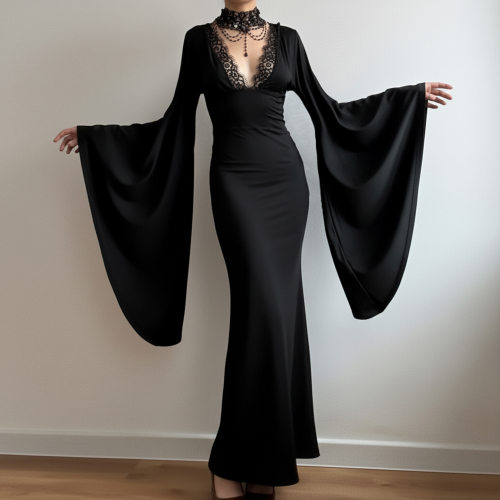 Gothic style flared sleeve dress哥特风大喇叭袖连衣裙露背长款