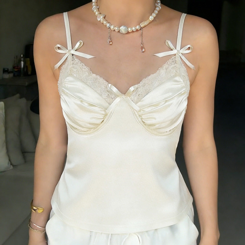 V-neck small camisole vest 纯欲蕾丝蝴蝶结V领显胸小吊带背心女