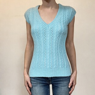 neck shirt薄荷绿V领麻花上衣女毛织短袖 woolen sleeved short