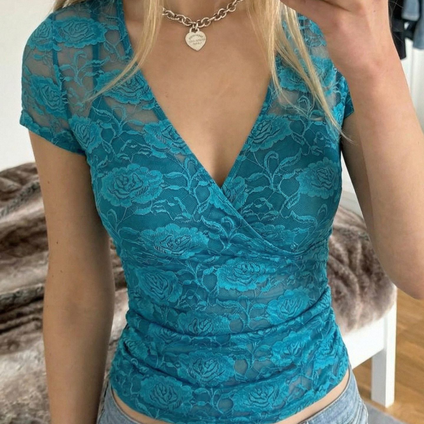 Sexy Perspective V-neck Top 性感蕾丝透视V领短袖上衣女吊带T恤