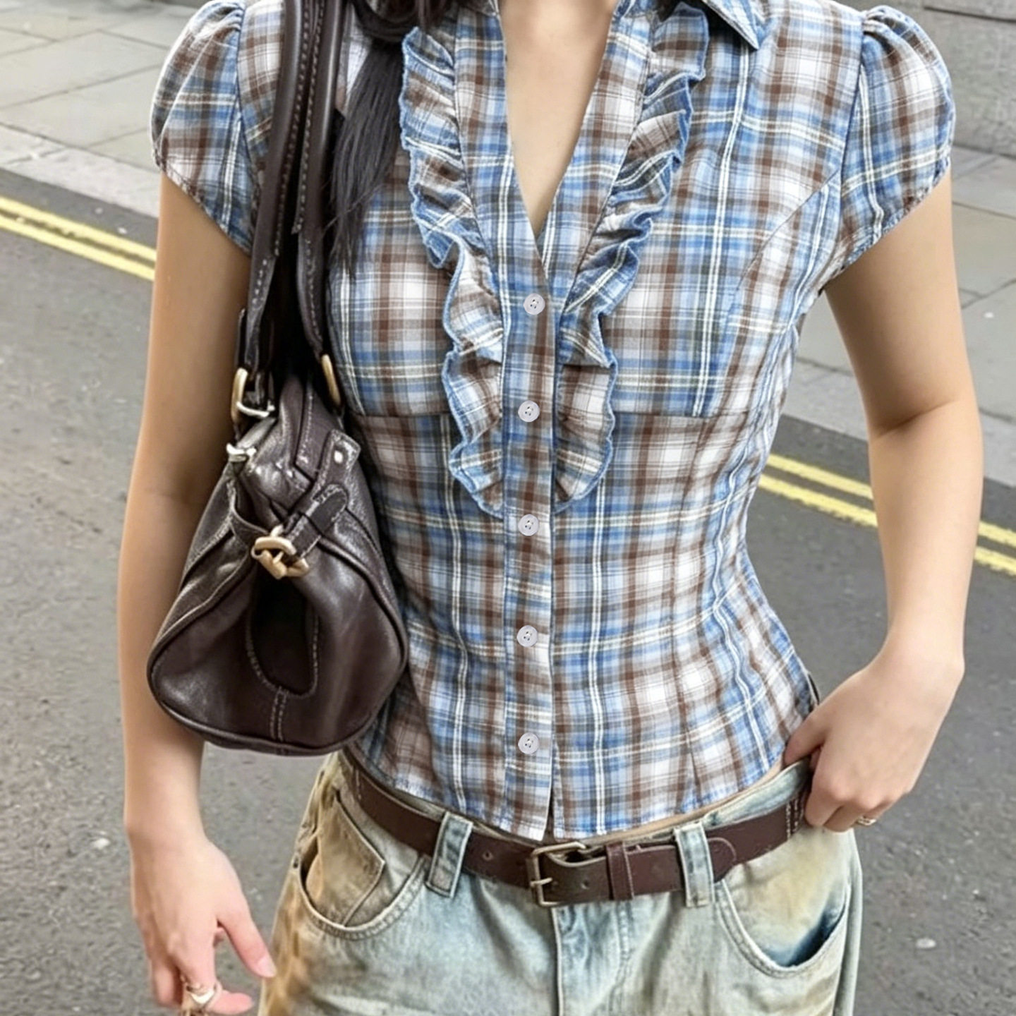 POLO collar short sleeved shirt 木耳边POLO领单排扣短袖衬衫女