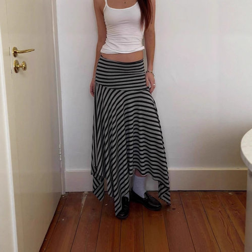 Summer pleated irregular skirt条纹半身裙辣妹夏季低腰不规则裙