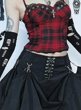 Dark style camisole top暗黑风格子吊带上衣(带胸垫）修身背心女