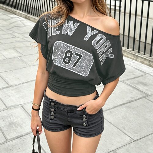 Slanted Shoulder Waist T-shirt 辣妹斜肩字母印花收腰短袖T恤女