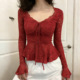 tied shirt修身 Lace neck 蕾丝荷叶摆系带打底上衣V领长袖 T恤