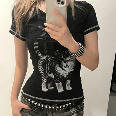 Dark style cat printed T-shirt 暗黑甜辣风猫咪印花短袖女上衣