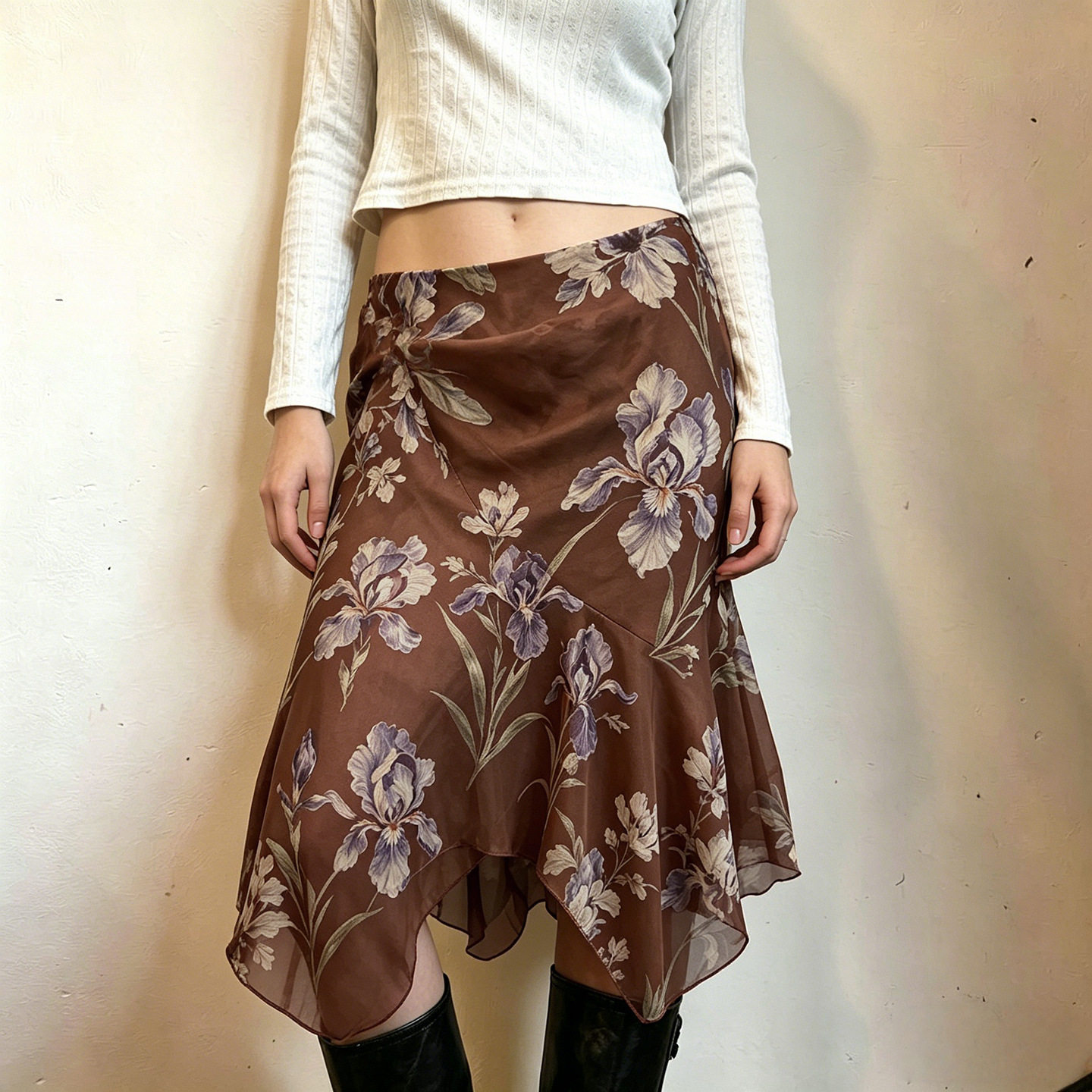 Irregular mesh long skirt 复古风网纱花卉印花不规则下摆中长裙