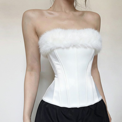 Sexy waist hugging chest vest 纯欲毛毛拼接分割收腰抹胸背心女