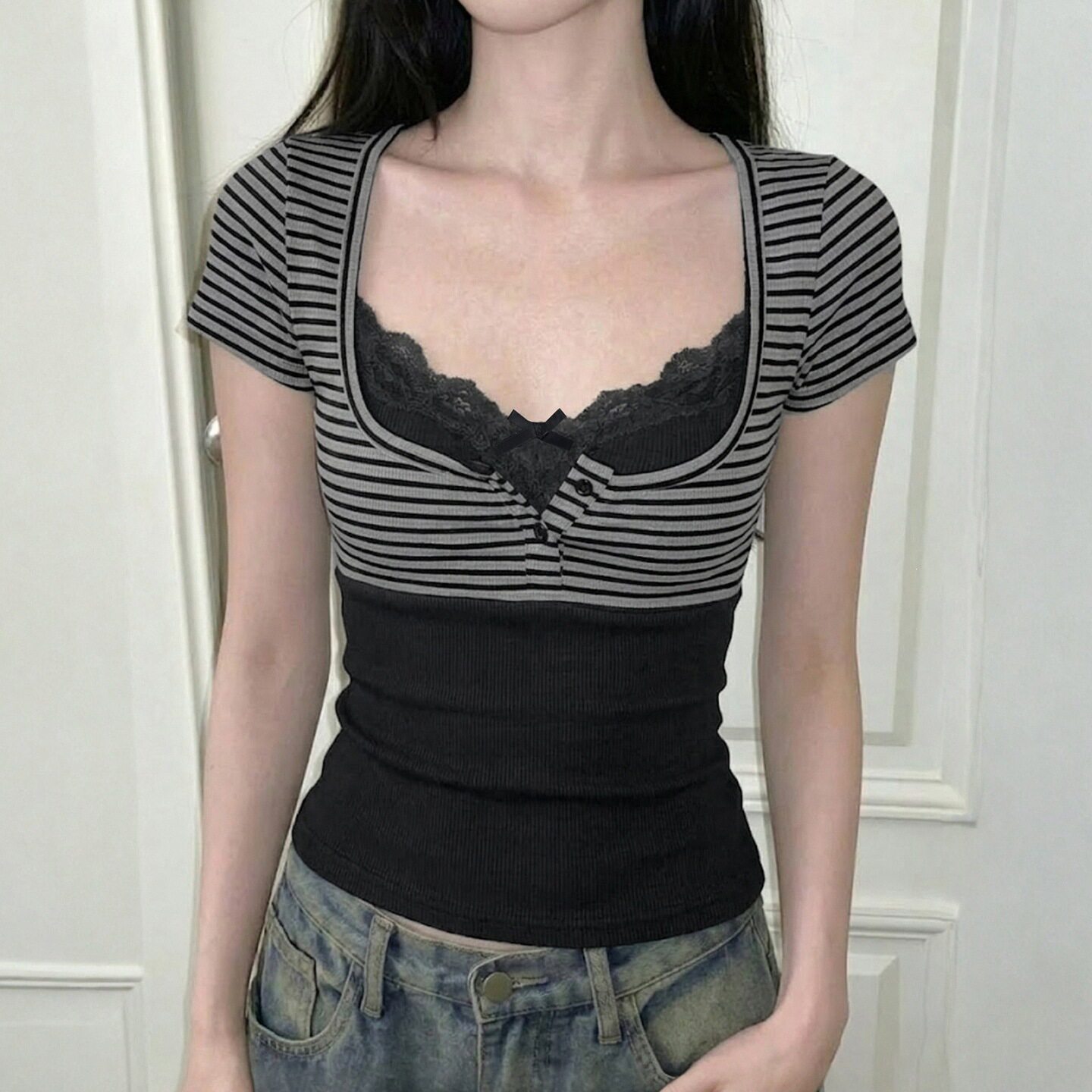 Two piece striped camisole top set条纹短袖罩衫吊带上衣两件套