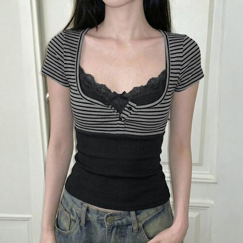 Two piece striped camisole top set条纹短袖罩衫吊带上衣两件套