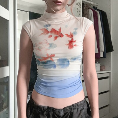 Retro printed women's T-shirt复古度假风金鱼印花立领短袖T恤女