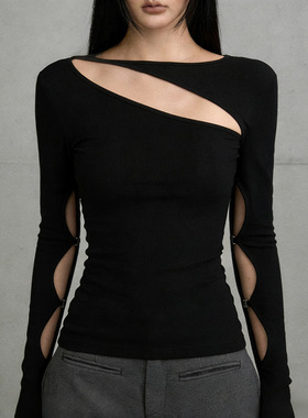 Sexy black hollowed out top 辣妹镂空长袖T恤黑色不规则上衣女