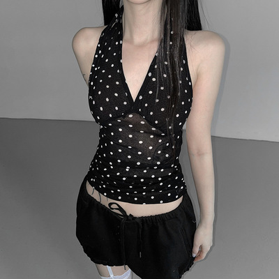 Backless V-neck halter top 黑色波点露背V领挂脖上衣女收腰背心