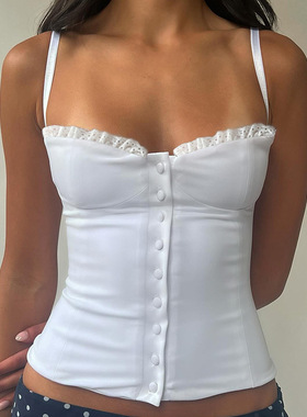 Sexy waist cinching vest辣妹蕾丝拼接胸型排扣吊带白色小背心女
