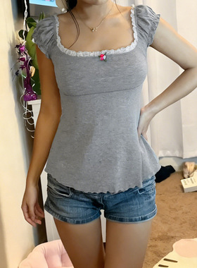 Spicy girl lace casual T-shirt 辣妹花边拼接收腰休闲短袖T恤女