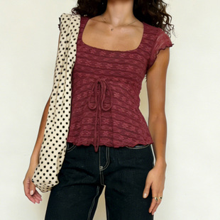 girl vest red neck 辣妹红色木耳边系带方领背心女 square Spicy