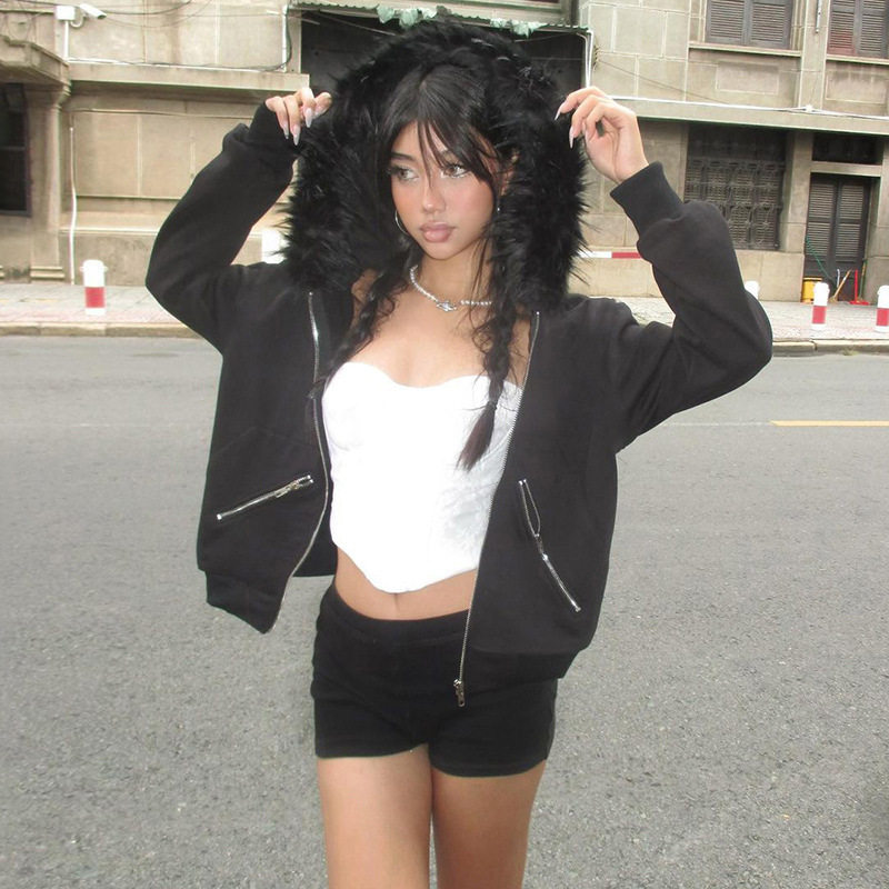 Hooded loose hoodie for women 毛领连帽宽松长袖卫衣女休闲外套