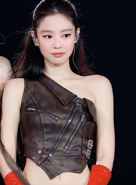Jennie's same vest 明星同款PU皮革拉链单肩小背心女跳舞短上衣